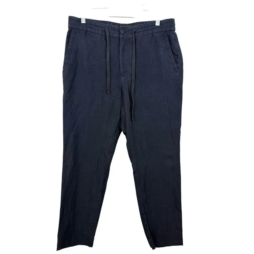 VINCE Classic Fit Owen Hemp Lightweight Navy Blue Pant Mens Sz M Elastic Waist